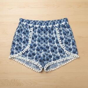⭐Women's M Blue White Floral Pom Pom Shorts Elastic Waist Summer Boho Beach⭐